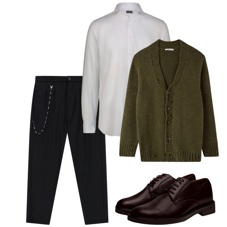 Outfit uomo - Tra amici. Stile Casual per Tutti i giorni. Abbinamento con cardigans, pantaloni, scarpe stringate, camicie.