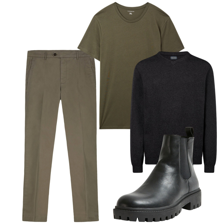 Outfit uomo - Muschio e nero. Stile Casual per Tutti i giorni. Abbinamento con stivali e stivaletti, t-shirt, maglieria, pantaloni chino.