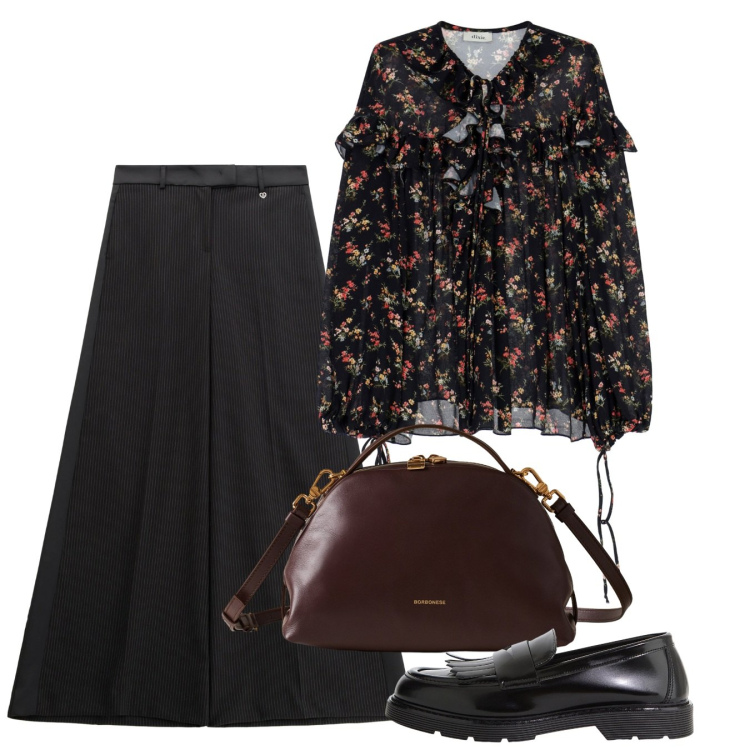 Outfit donna - Blusa e pantapalazzo. Stile Chic per Ufficio. Abbinamento con pantaloni, mocassini, bluse, borse a mano.