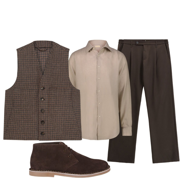 Outfit uomo - Al lavoro disinvolto. Stile Business/Elegante per Ufficio. Abbinamento con pantaloni, camicie, stivali e stivaletti, gilet.