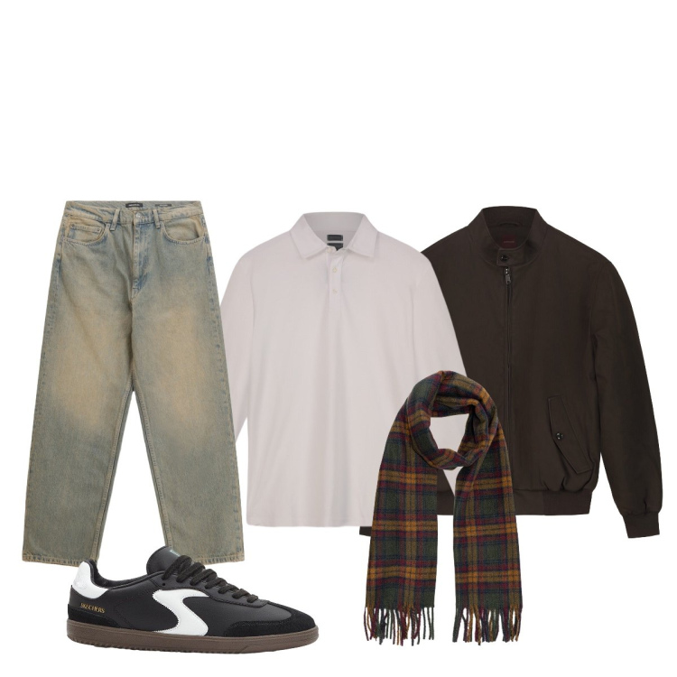 Outfit uomo - Total look #2273027. Stile Casual per Tutti i giorni. Abbinamento con sneakers, jeans, polo, sciarpe, bomber.