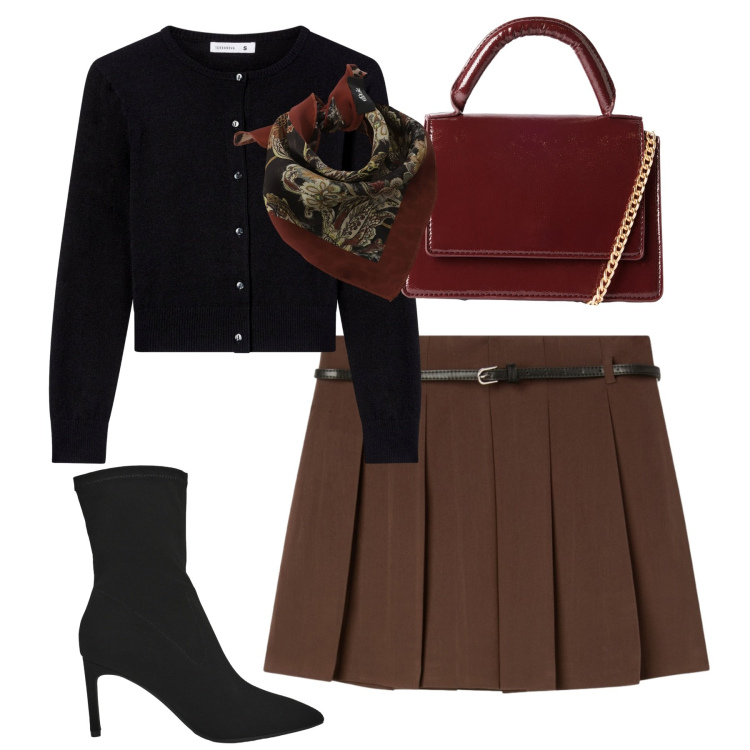 Outfit donna - Total look #2273028. Stile Minimal per Tutti i giorni. Abbinamento con borse a tracolla, minigonne, stivali, cardigans, foulard.