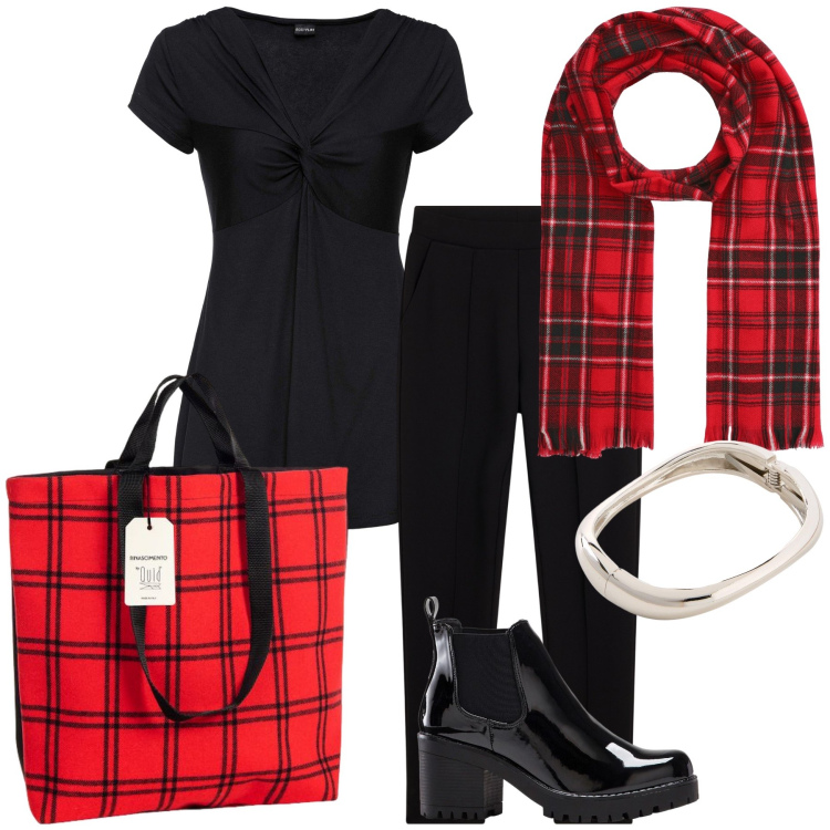 Outfit donna - A quadretti. Stile Casual per Tutti i giorni. Abbinamento con stivaletti, maglieria, braccialetti, sciarpe, borse tote, pantaloni.