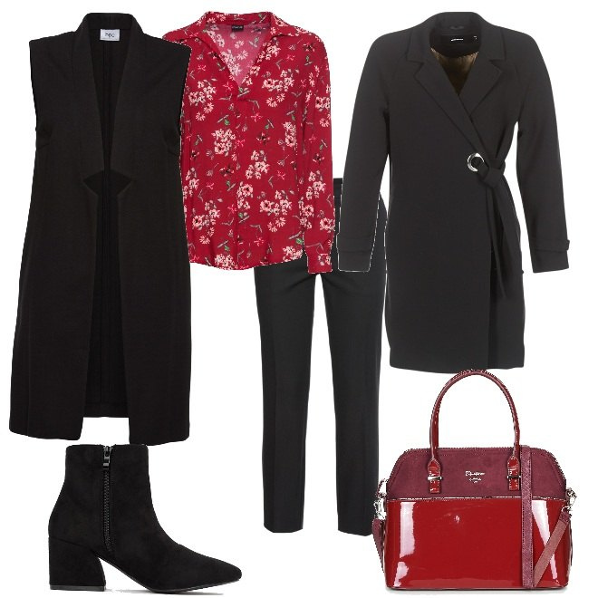 Outfit donna - Trendy #2002. Stile Trendy per Ufficio. Abbinamento con pantaloni, gilet collo aperto jersey nero, camicia oversize fantasia con scollo tinta unita rosso, cappotto nero, borsetta rosso, stivaletti con zip a punta pianta larga nero.