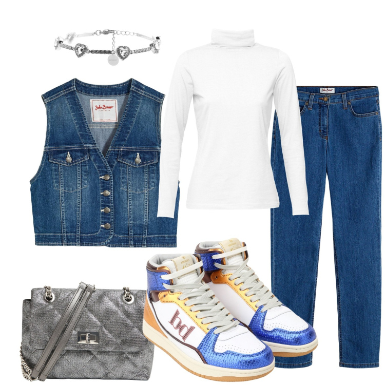 Outfit donna - Total look #2273030. Stile Sporty chic per Tutti i giorni. Abbinamento con jeans dritti, maglieria, gilet, borse a tracolla, braccialetti, sneakers alte.