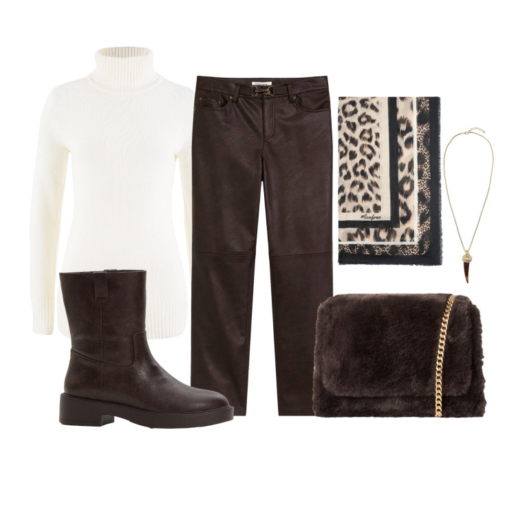 Outfit donna - Cioccolato fondente. Stile Casual per Tutti i giorni. Abbinamento con maglieria, stivaletti, pantaloni, borse a tracolla, collane, foulard.