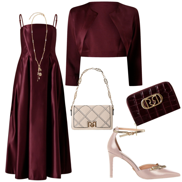 Outfit donna - Aria di festa. Stile Glamour per Serata fuori. Abbinamento con vestiti lunghi, bolero, décolleté, portafogli, borse a tracolla, ciondoli.