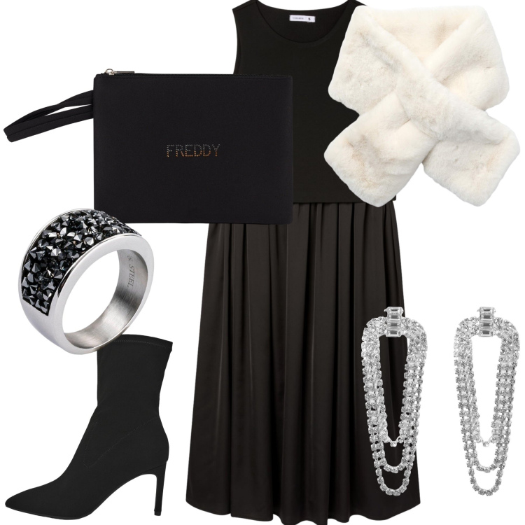 Outfit donna - Evento. Stile Glamour per Serata fuori. Abbinamento con anelli, vestiti midi/longuette, orecchini, stivali, sciarpe, valigie.