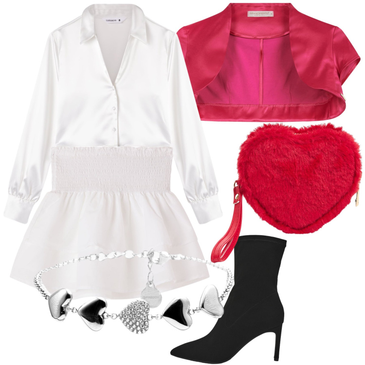 Outfit donna - Evento benefico. Stile Glamour per Serata fuori. Abbinamento con portafogli, minigonne, camicie, stivali, bolero, braccialetti.