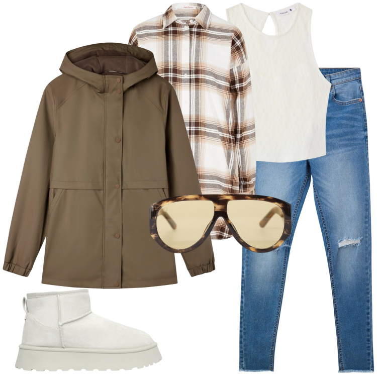 Outfit donna - Uno stivaletto bianco. Stile Casual per Tutti i giorni. Abbinamento con camicie, jeans strappati, top, blazer, stivaletti, occhiali da sole.