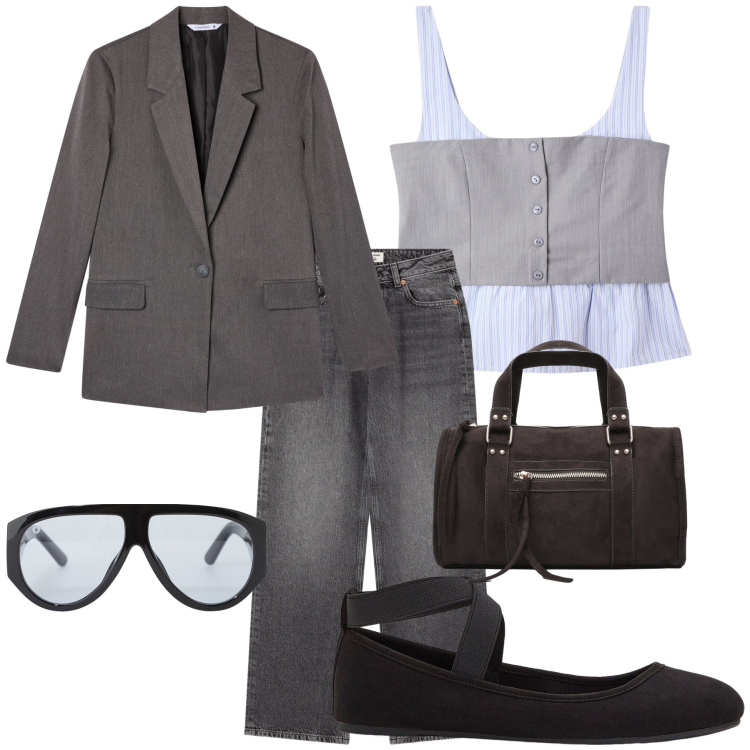 Outfit donna - Monday Office. Stile Trendy per Ufficio. Abbinamento con ballerine, top, borse a mano, jeans, blazer, occhiali da sole.