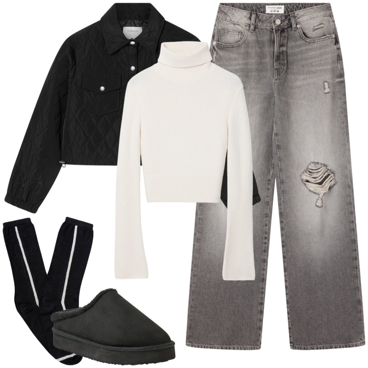 Outfit donna - Calzettone a vista. Stile Urban per Tutti i giorni. Abbinamento con sabot, jeans strappati, maglieria, giacche, calzini.