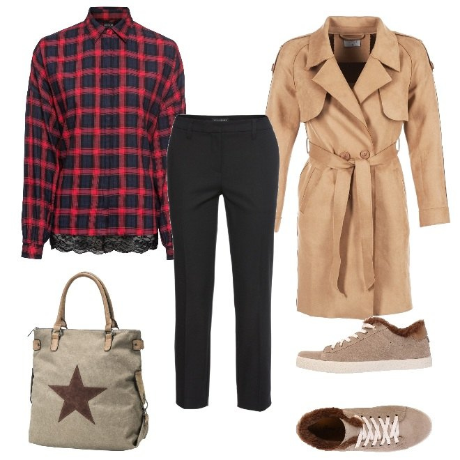 Outfit donna - Basic #1076. Stile Basic per Scuola/Università. Abbinamento con pantaloni, tunica con pizzo, borsa a mano in pelle sintetica marrone, sneakers tennis, cappotto marrone.