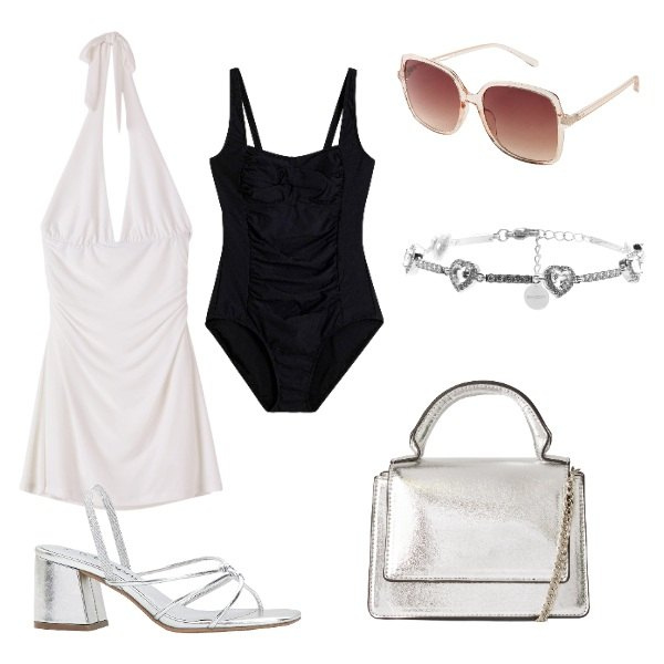 Outfit donna - alla moda pure in spiaggia. Stile Trendy per Mare. Abbinamento con costumi interi, sandali col tacco, occhiali da sole, vestiti corti, borse a tracolla, braccialetti.