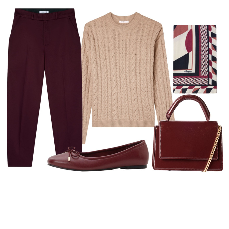 Outfit donna - Pantalone marrone cioccolato. Stile Casual chic per Tutti i giorni. Abbinamento con ballerine, pantaloni chino, borse a tracolla, maglieria, foulard.