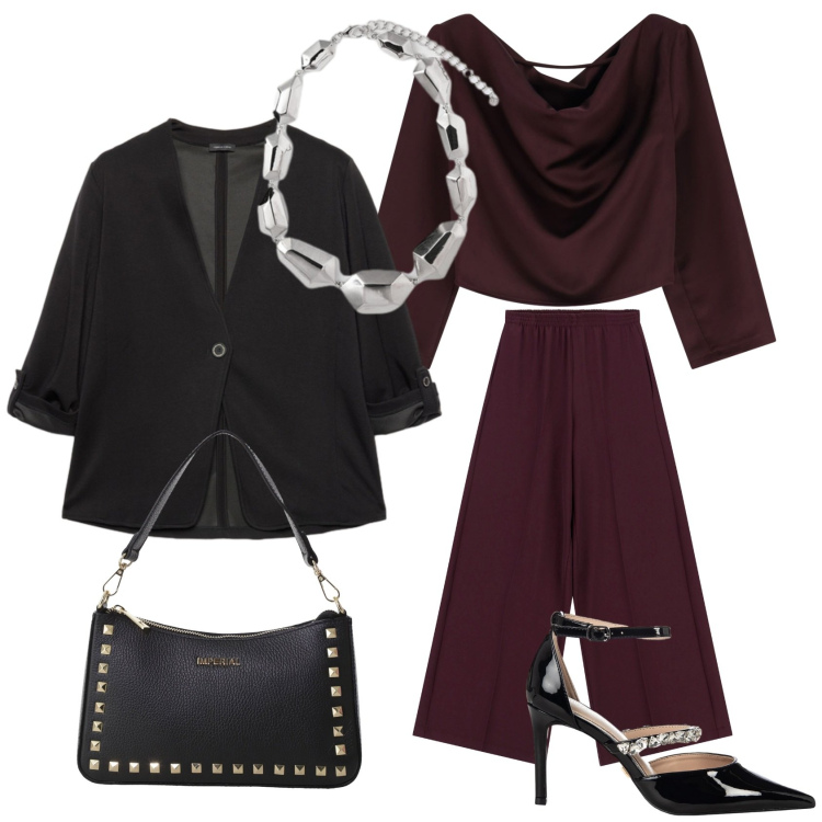 Outfit donna - Chocolat. Stile Chic per Serata fuori. Abbinamento con décolleté, bluse, pantaloni a palazzo, pochette, blazer, ciondoli.