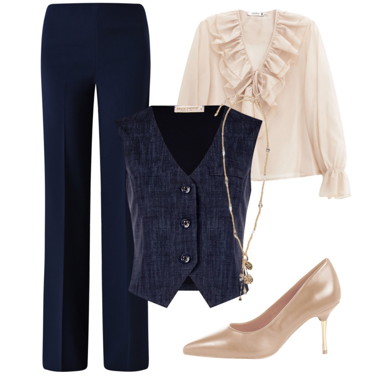 Outfit donna - Semplici e con stile. Stile Glamour per Serata fuori. Abbinamento con camicie, pantaloni a palazzo, gilet, décolleté, ciondoli.