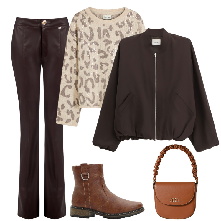 Outfit donna - Chocolate Total look. Stile Casual per Tutti i giorni. Abbinamento con stivaletti, maglieria, pantaloni, borse a mano, bomber.