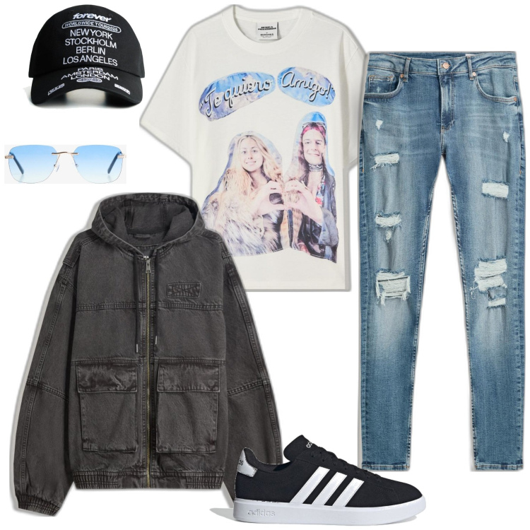 Outfit hombre - Urban #5226. Estilo Urban para Todos los días. Combinación con camiseta, gafas de sol, chaquetas, sombreros, vaqueros rotos, sneakers.