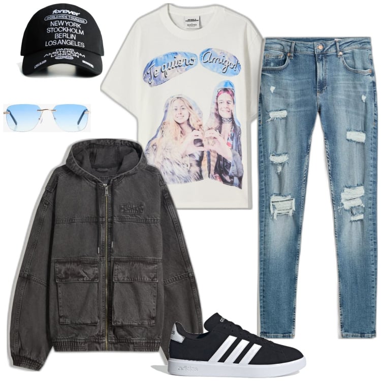 Outfit hombre - Urban #5226. Estilo Urban para Todos los días. Combinación con camiseta, gafas de sol, chaquetas, sombreros, vaqueros rotos, sneakers.