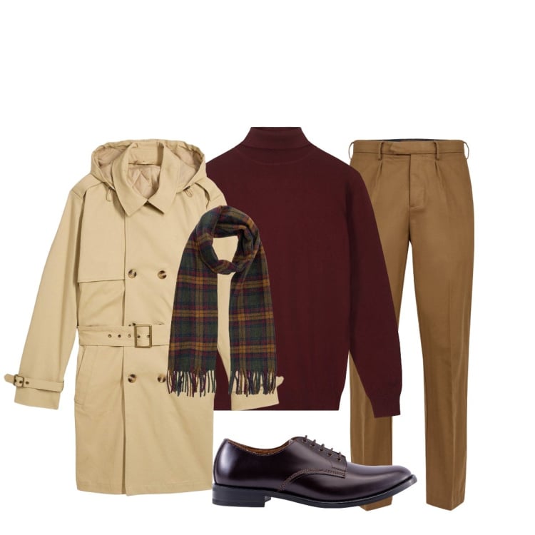 Outfit uomo - Total look #2273053. Stile Trendy per Tutti i giorni. Abbinamento con trench, pantaloni, scarpe stringate, maglieria, sciarpe.