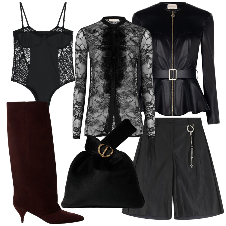 Outfit donna - Total dark for halloween. Stile Sexy per Serata fuori. Abbinamento con borse a mano, blazer, camicie, body, bermuda, stivali.