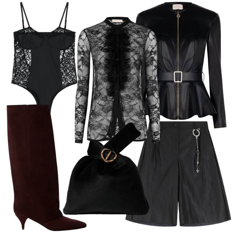 Outfit donna - Total dark for halloween. Stile Sexy per Serata fuori. Abbinamento con borse a mano, blazer, camicie, body, bermuda, stivali.