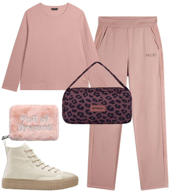 Outfit donna - Freddy. Stile Casual per Tutti i giorni. Abbinamento con sneakers alte, portafogli, pantaloni, felpe, borse a spalla.