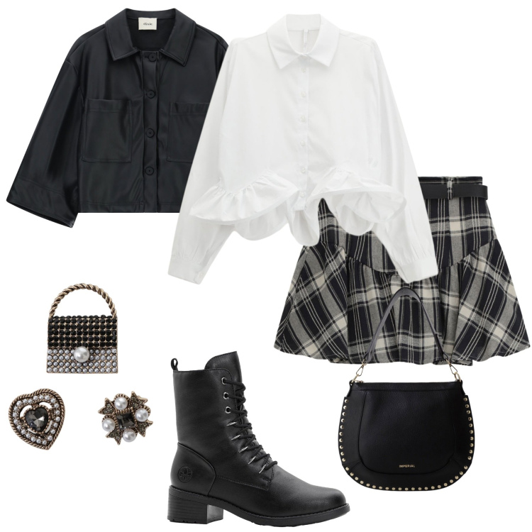Outfit donna - La minigonna a quadri. Stile Casual per Scuola/Università. Abbinamento con stivaletti, camicie, borse a spalla, accessori per capelli, minigonne, blazer.