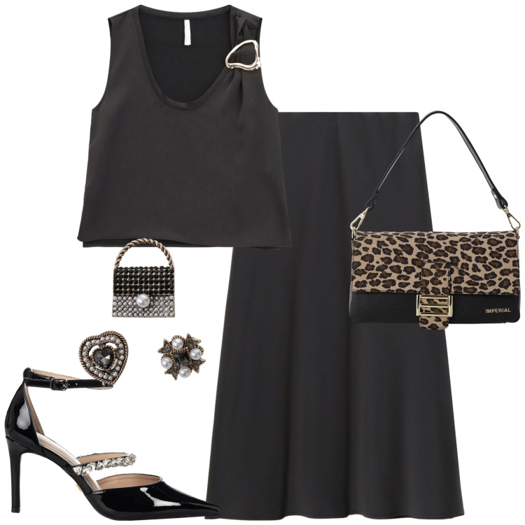 Outfit donna - Serata. Stile Chic per Serata fuori. Abbinamento con décolleté, gonne longuette, borse a spalla, accessori per capelli, top.