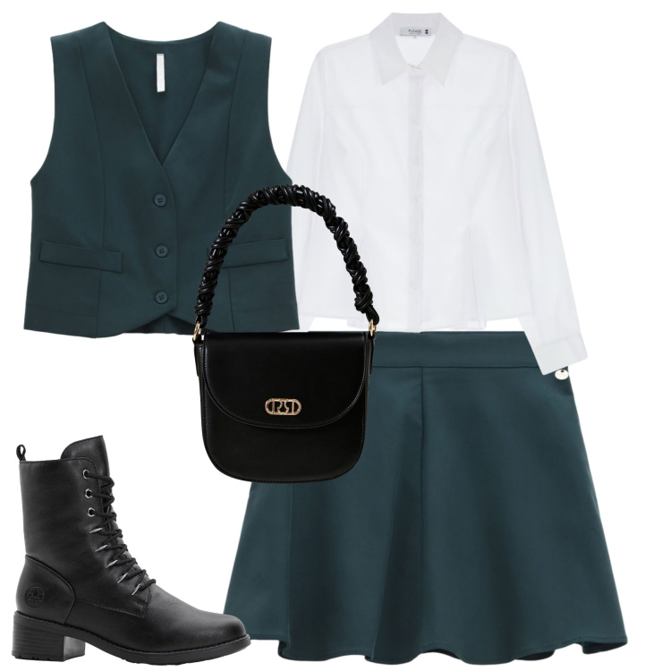 Outfit donna - Ottanio. Stile Casual chic per Tutti i giorni. Abbinamento con stivaletti, borse a mano, camicie, gilet, minigonne.