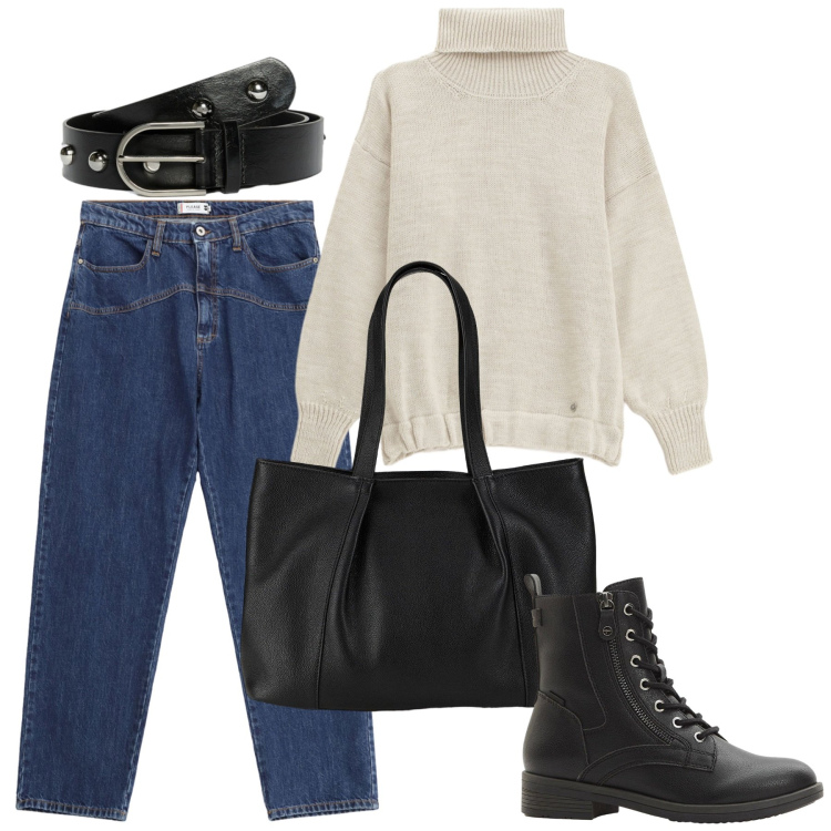 Outfit donna - Fine ottobre. Stile Casual per Scuola/Università. Abbinamento con stivaletti, shopping bag, maglieria, jeans, cinture.