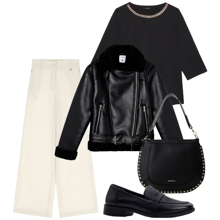 Outfit donna - Black and white. Stile Glamour per Ufficio. Abbinamento con mocassini, giacche, borse a spalla, pantaloni a palazzo, bluse.