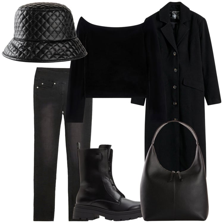 Outfit donna - Halloween... dolcetto o scherzetto?. Stile Trendy per Serata fuori. Abbinamento con cappotti, cappelli con visiera, shopping bag, stivaletti, jeans dritti, bluse.