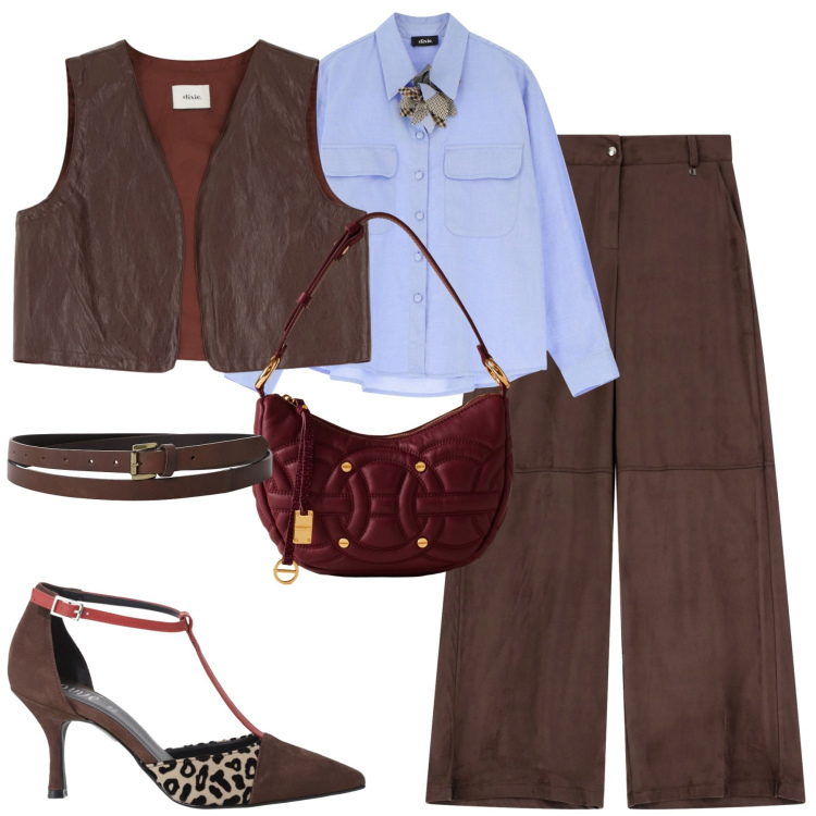 Outfit donna - Moro. Stile Casual chic per Tutti i giorni. Abbinamento con pantaloni a palazzo, gilet, décolleté, cinture, camicie, borse a spalla.