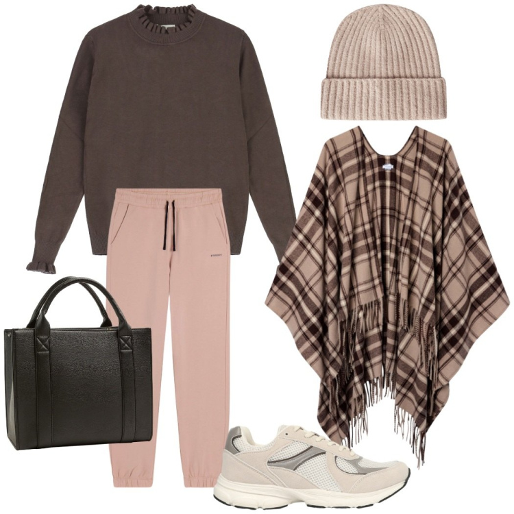 Outfit donna - Pomeriggio in città. Stile Sporty chic per Tutti i giorni. Abbinamento con borse tote, cappotti, sneakers, berretti, maglieria, pantaloni.