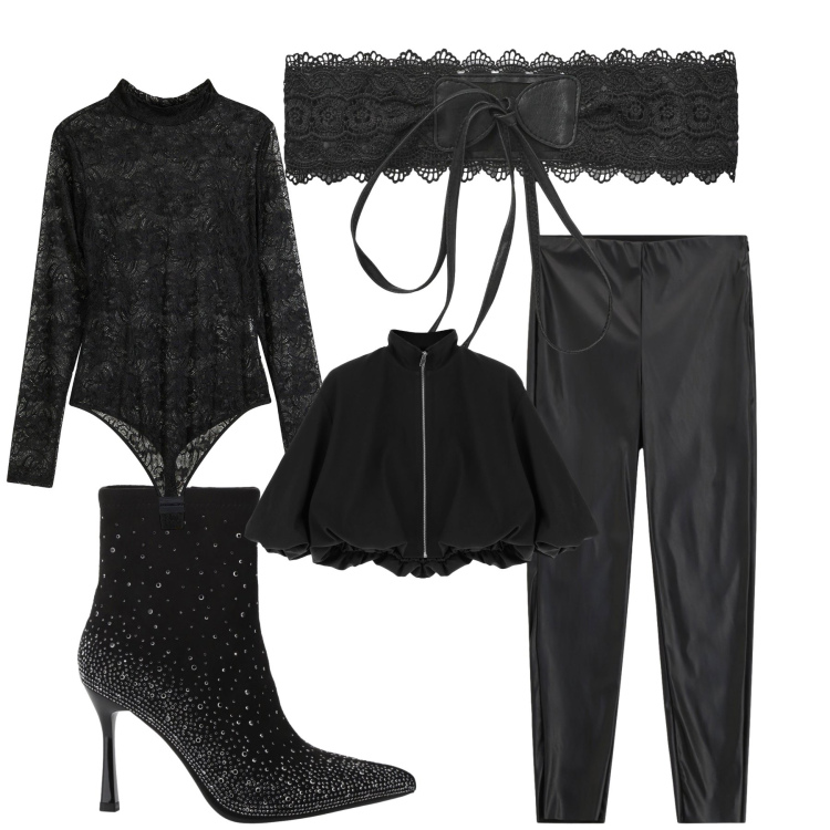 Outfit donna - Total look #2273082. Stile Glamour per Serata fuori. Abbinamento con body, cinture, pantaloni skinny, bomber, stivaletti.