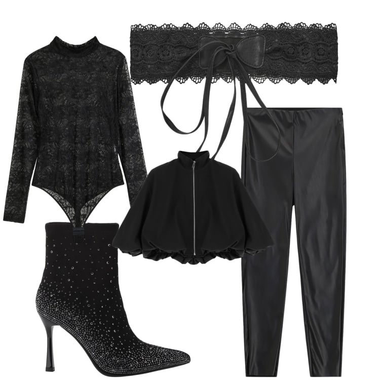 Outfit donna - Total look #2273082. Stile Glamour per Serata fuori. Abbinamento con body, cinture, pantaloni skinny, bomber, stivaletti.