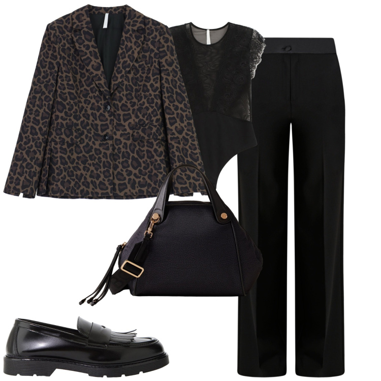 Outfit donna - Il blazer animalier. Stile Urban per Tutti i giorni. Abbinamento con pantaloni a palazzo, body, blazer, mocassini, borse a mano.