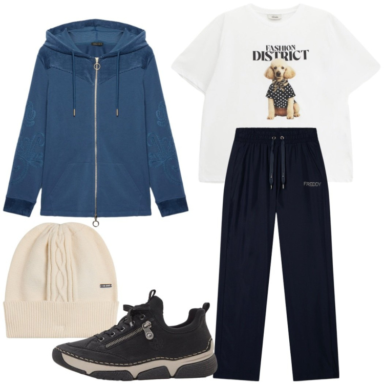 Outfit donna - Total look #2273086. Stile Casual per Tutti i giorni. Abbinamento con sneakers, berretti, pantaloni sportivi, t-shirt, felpe con cappuccio.