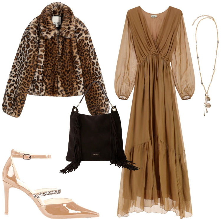 Outfit donna - Elegante. Stile Chic per Serata fuori. Abbinamento con ecopellicce, décolleté, borse a spalla, vestiti lunghi, ciondoli.