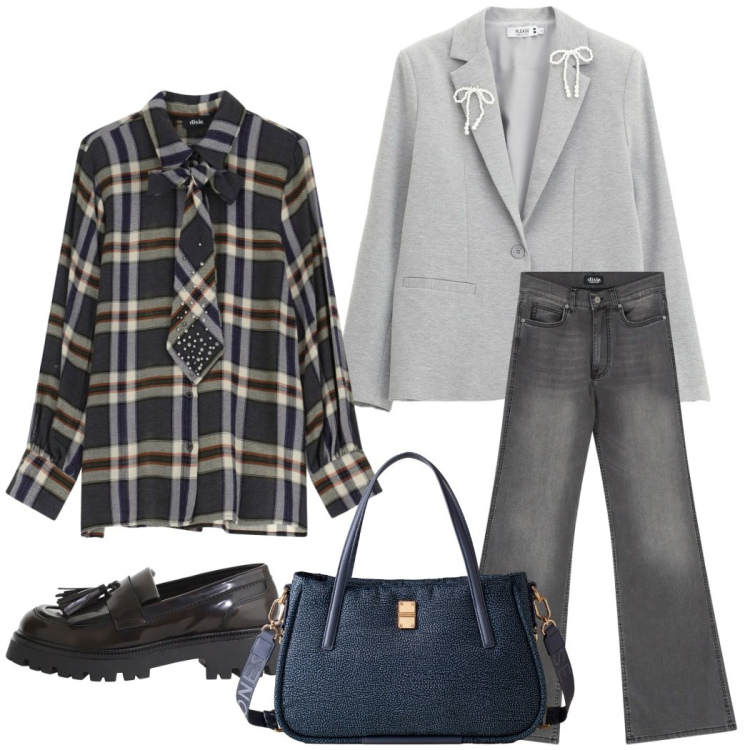 Outfit donna - In ufficio. Stile Casual chic per Ufficio. Abbinamento con blazer, camicie, jeans a zampa, mocassini, shopping bag.
