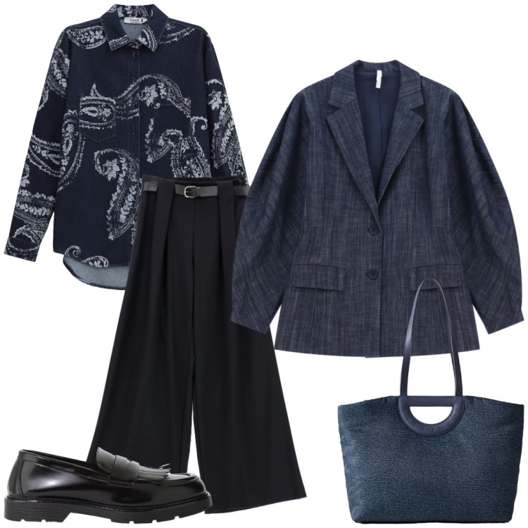 Outfit donna - Tono su tono per l\'ufficio. Stile Casual chic per Ufficio. Abbinamento con camicie, blazer, mocassini, pantaloni, shopping bag.