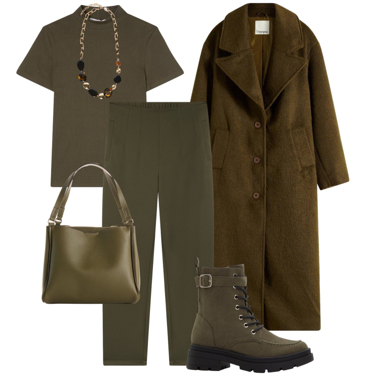 Outfit donna - Total green. Stile Sporty chic per Tutti i giorni. Abbinamento con cappotti, stivaletti, borse a mano, pantaloni chino, t-shirt, collane.