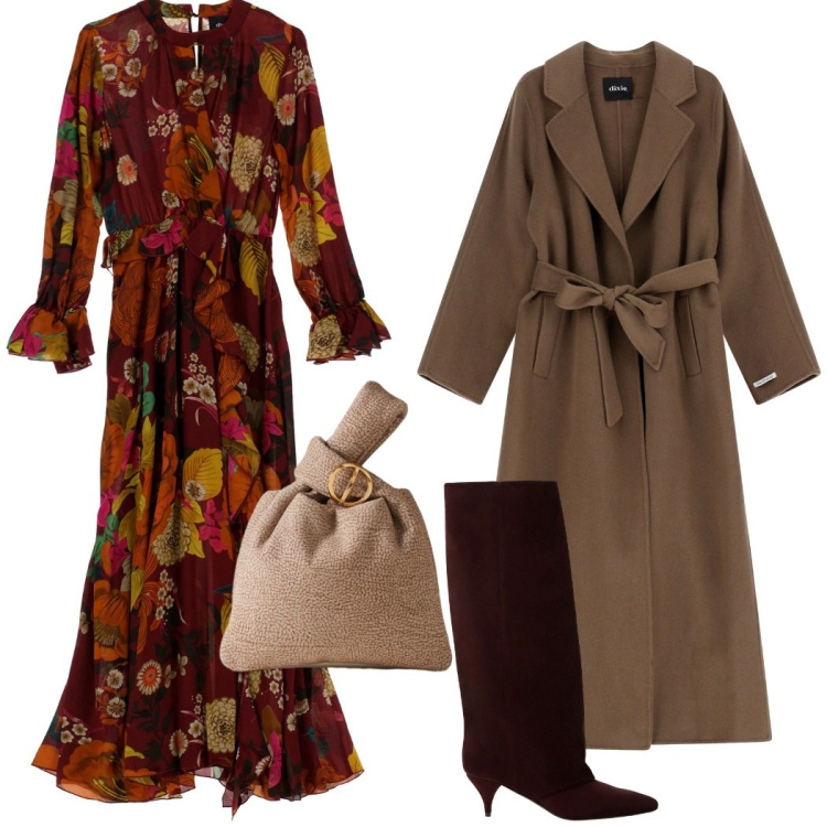 Outfit donna - Autumn vibes. Stile Chic per Serata fuori. Abbinamento con vestiti lunghi, cappotti, stivali, borse a mano.