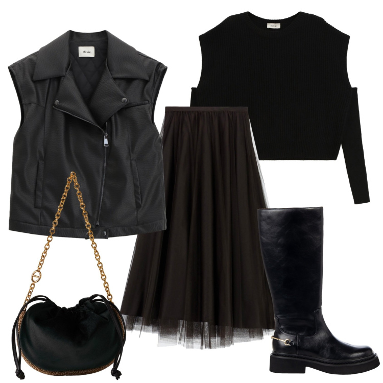 Outfit donna - Spooky halloween. Stile Rock per Serata fuori. Abbinamento con borse a spalla, stivali sopra il ginocchio, gilet, maglieria, gonne lunghe.
