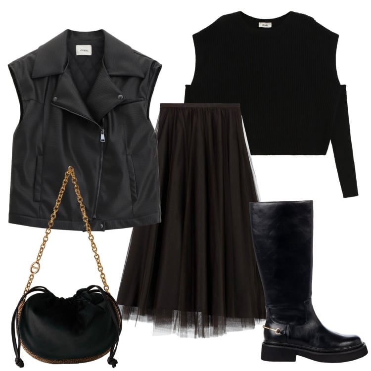 Outfit donna - Spooky halloween. Stile Rock per Serata fuori. Abbinamento con borse a spalla, stivali sopra il ginocchio, gilet, maglieria, gonne lunghe.
