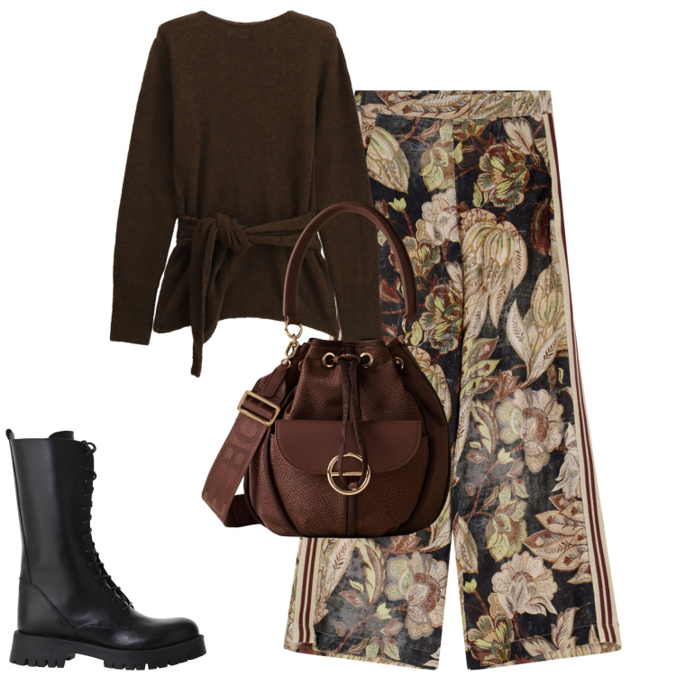 Outfit donna - Glam. Stile Glamour per Tutti i giorni. Abbinamento con borse a secchiello, pantaloni, stivali, maglieria.