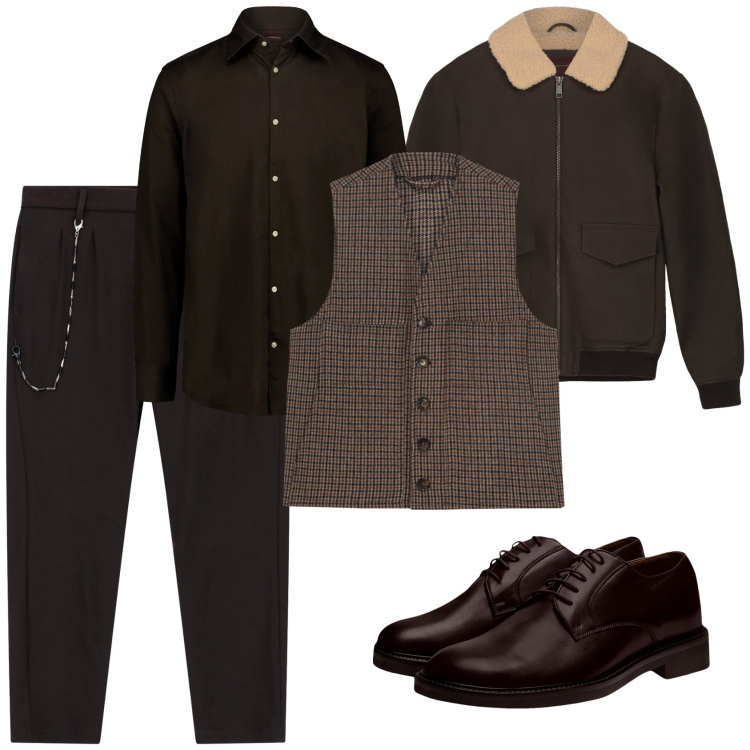 Outfit uomo - Marrone tono su tono. Stile Business/Elegante per Serata speciale. Abbinamento con pantaloni, scarpe stringate, gilet, camicie, bomber.