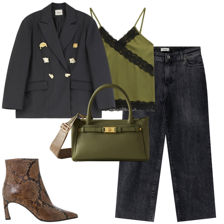 Outfit donna - City. Stile Urban per Tutti i giorni. Abbinamento con jeans dritti, stivaletti, top, blazer, borse a mano.